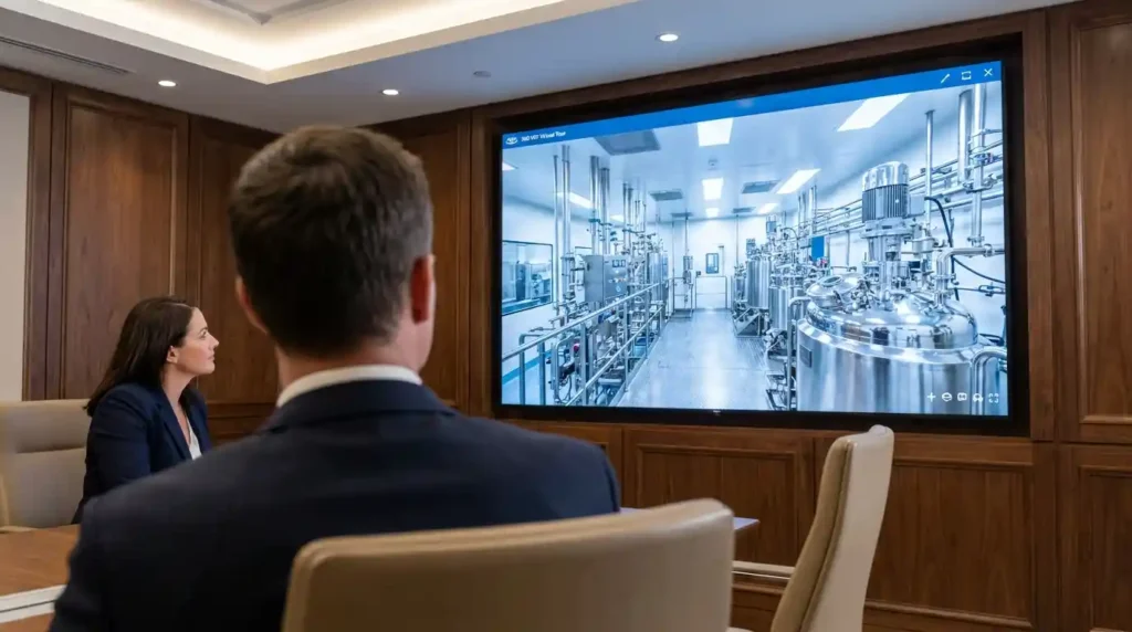 B2B buyers looking at a large digital screen displaying a virtual factory tour of an Indian cleanroom.