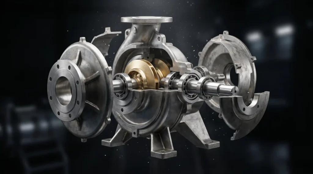 A photorealistic 3D product animation showing the exploded view and internal mechanics of heavy industrial equipment.