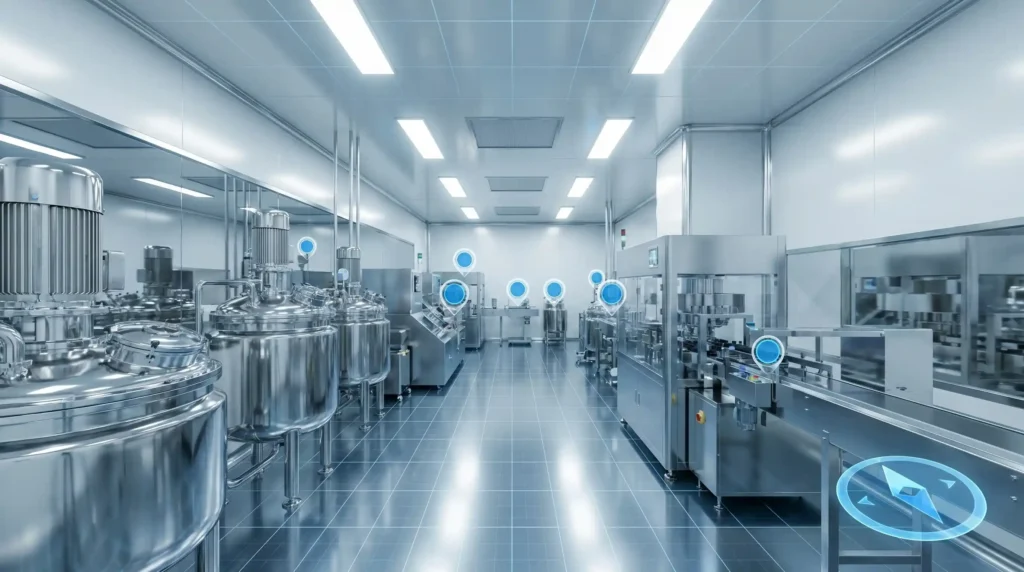 First-person view of an interactive virtual factory tour inside a sterile pharmaceutical cleanroom.