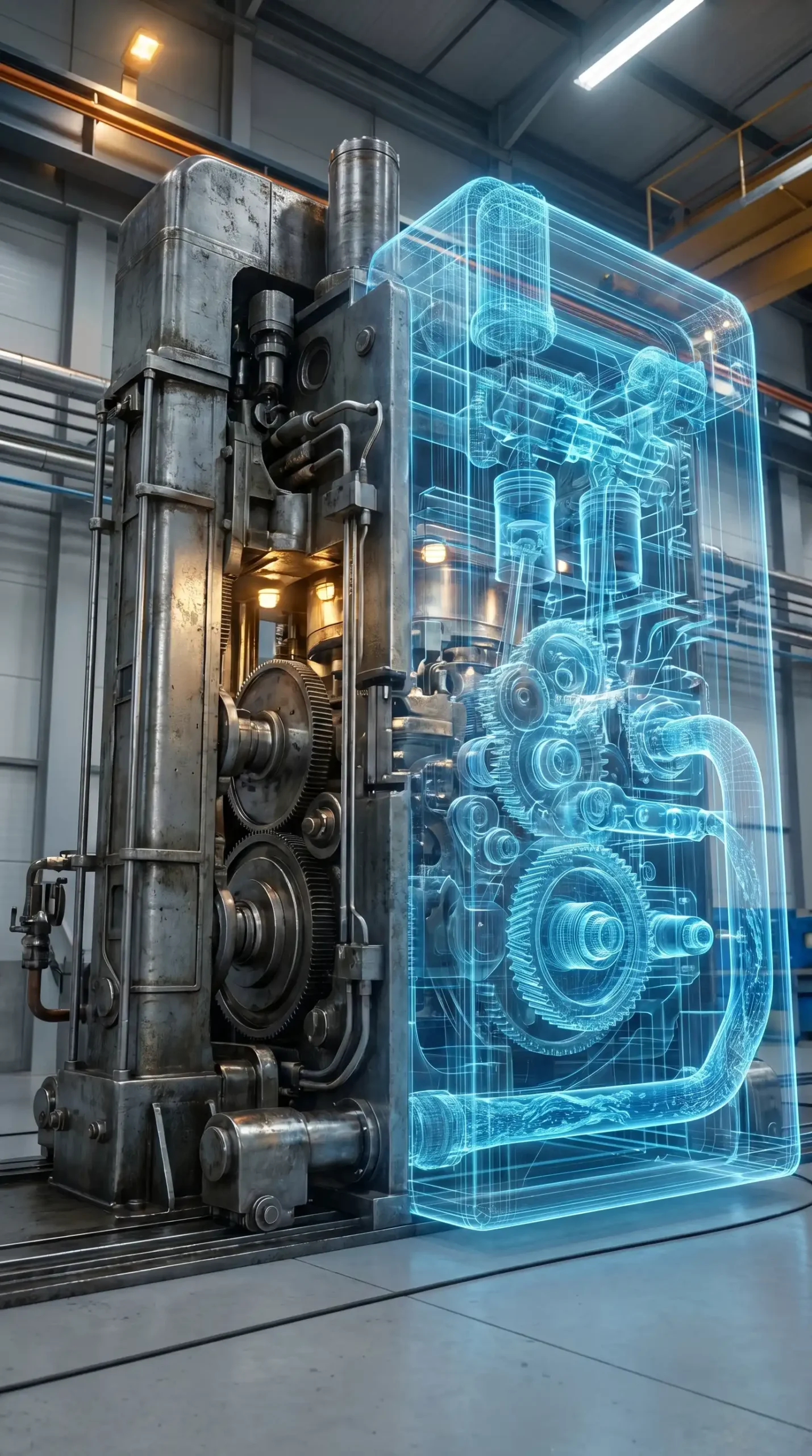 High-quality 3D industrial animation of a heavy manufacturing machine transitioning from a wireframe to a photorealistic render, demonstrating internal mechanisms.