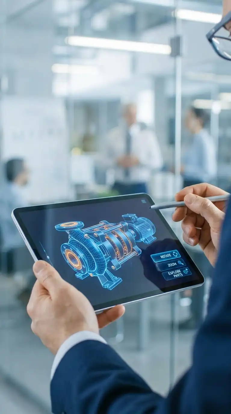 Engineer using 3D interactive solutions on a tablet to explore a complex industrial machine model with clickable UI elements.