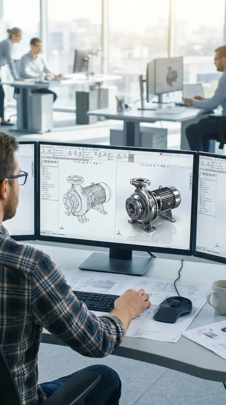 Mechanical engineer using a computer workstation for 3D modeling and CAD conversion of a heavy industrial machine.
