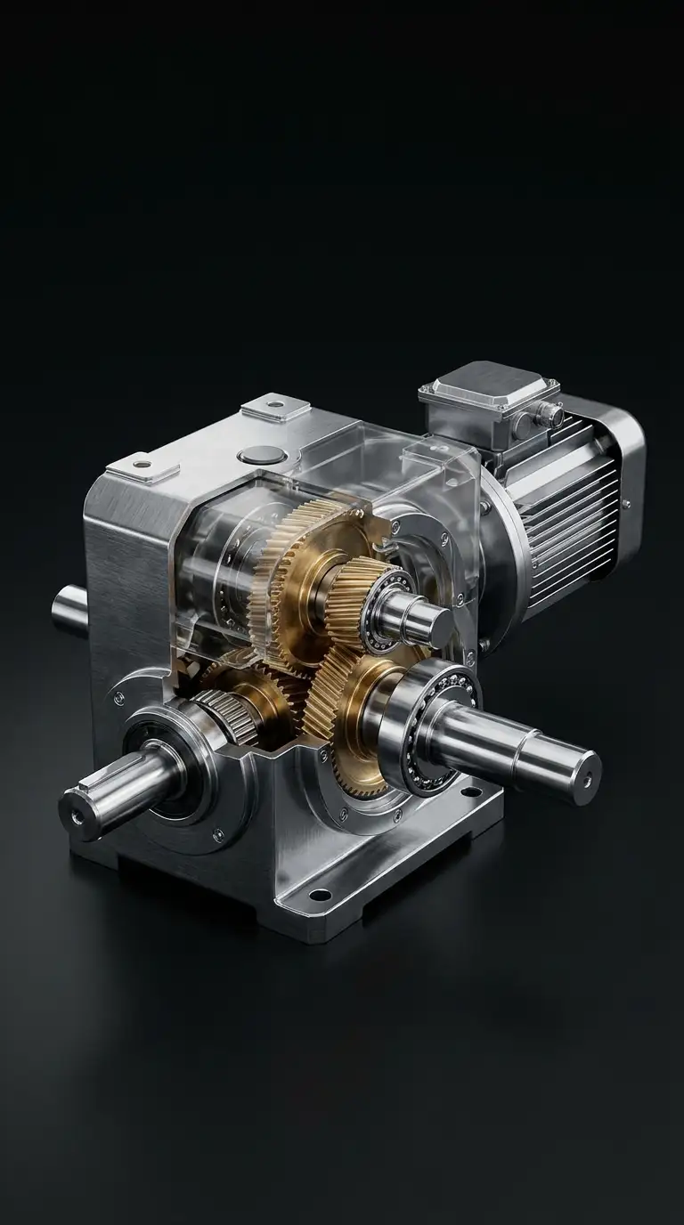 Hyper-realistic 3D product animation render of a heavy industrial gearbox showing internal mechanical components and polished steel textures.
