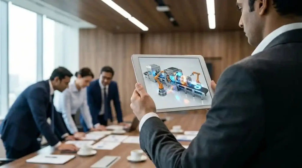 B2B sales professional using a digital tablet to showcase a 3D machinery animation to clients in a boardroom.
