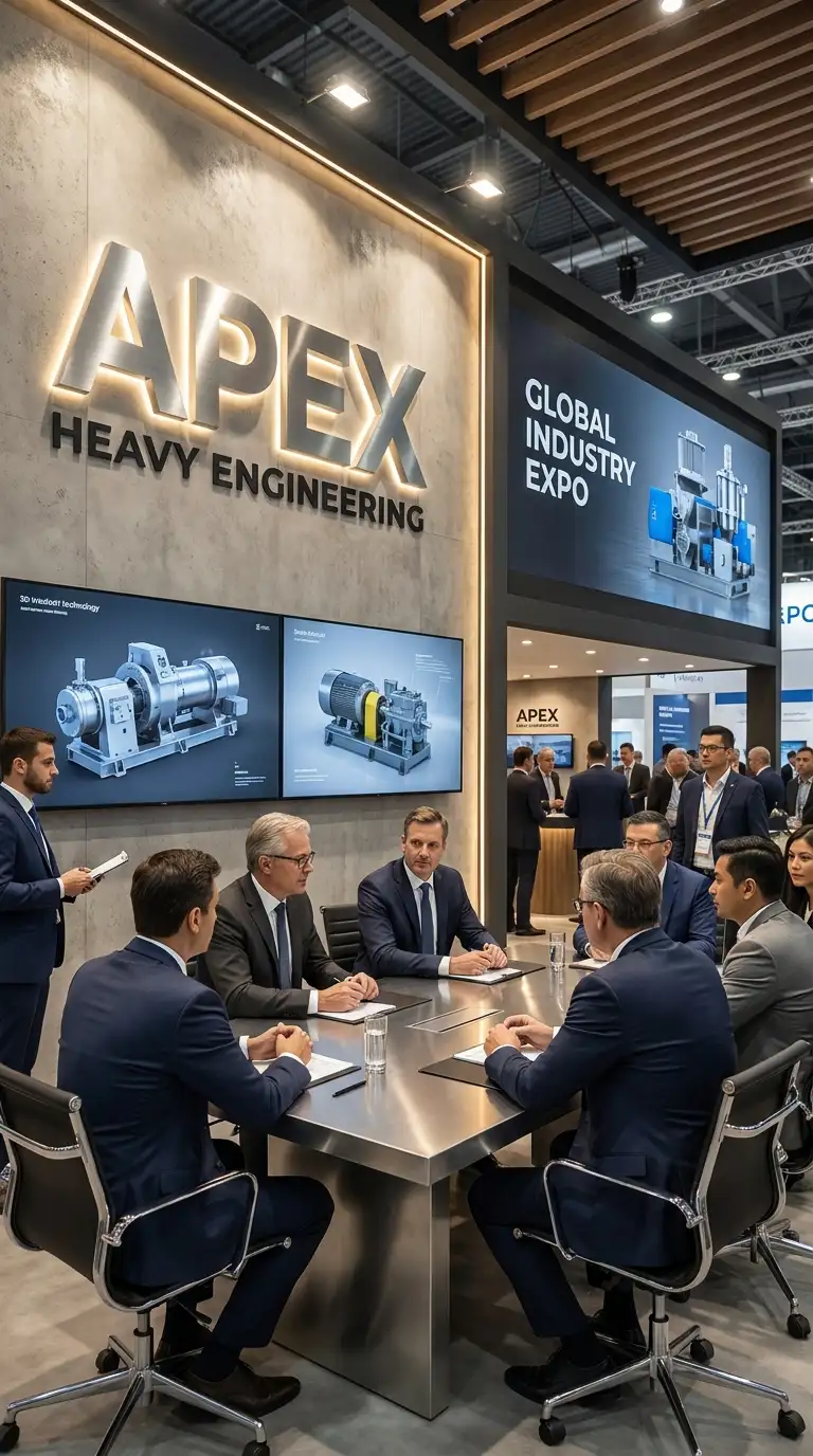 Professional industrial exhibition stall featuring a high-end 3D logo and branding designed for a heavy engineering company.