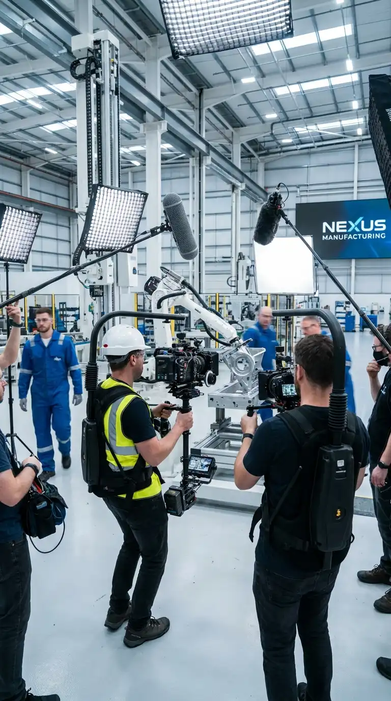 Professional camera crew conducting an industrial video shoot of heavy machinery inside a modern manufacturing plant.