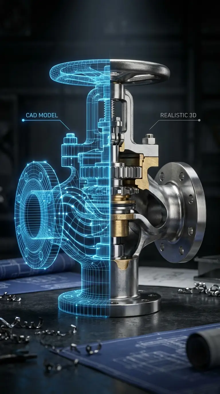 Highly accurate 3D CAD conversion showing the internal mechanics of a heavy industrial valve.