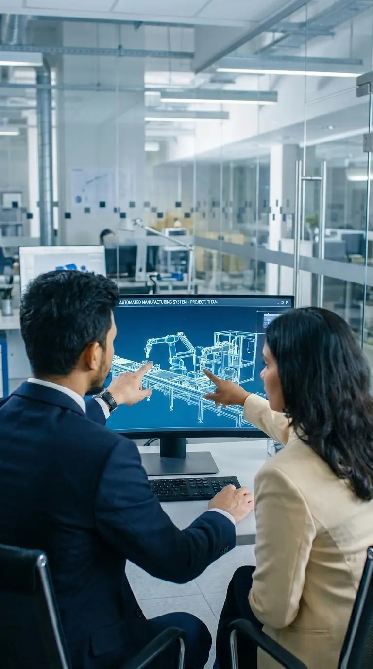 Mechanical engineering team reviewing a complex 3D industrial machine model on a computer monitor.