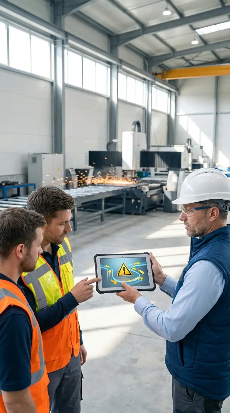 Factory supervisor using a tablet to show a 3D safety and training animation to manufacturing workers on the shop floor.