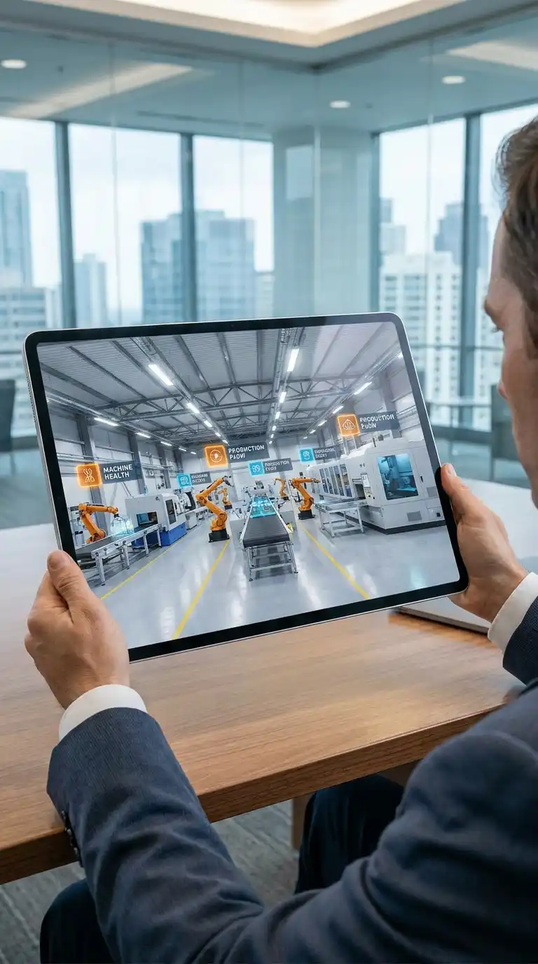 Business executive using a VR Development 360 Tour on a tablet to remotely explore an automated manufacturing plant and heavy machinery.